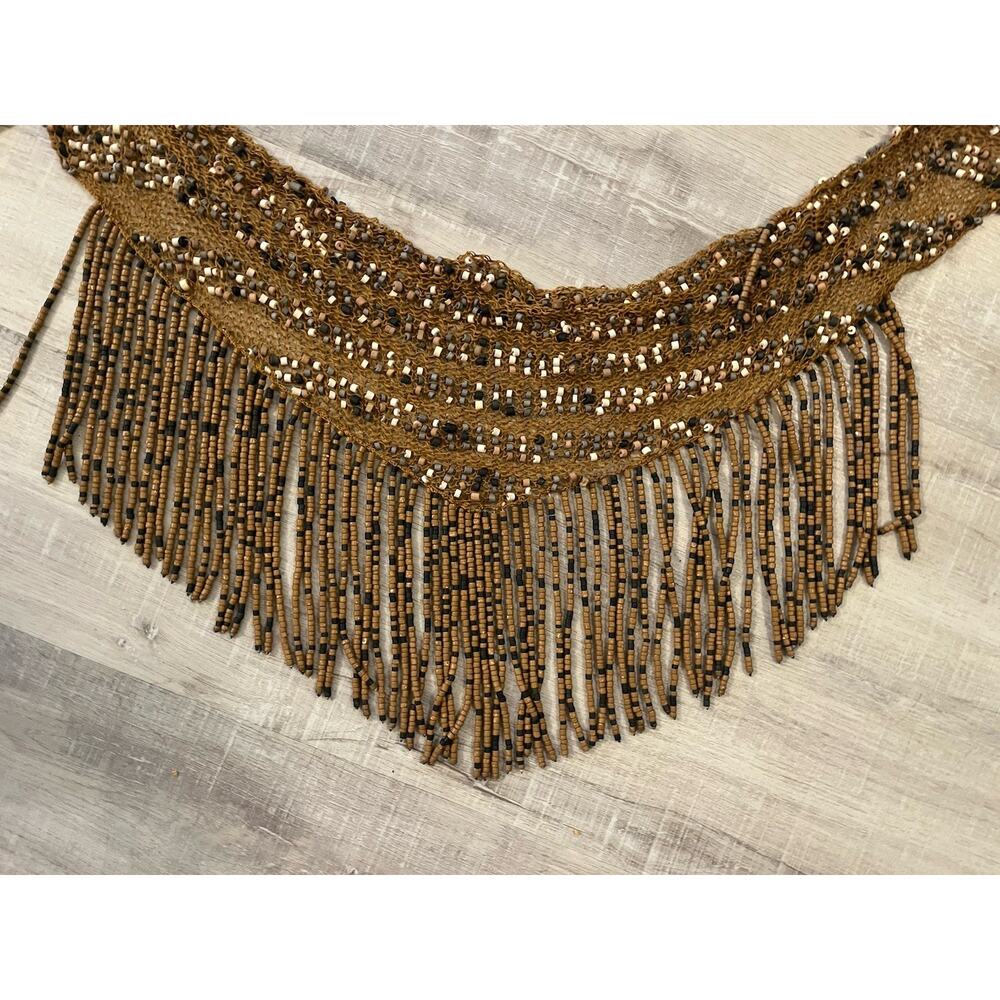 VTG Long Fringe Beaded Bib Scarf Crocheted Macrame Belly Dance Hip Belt Western - Picture 2 of 4